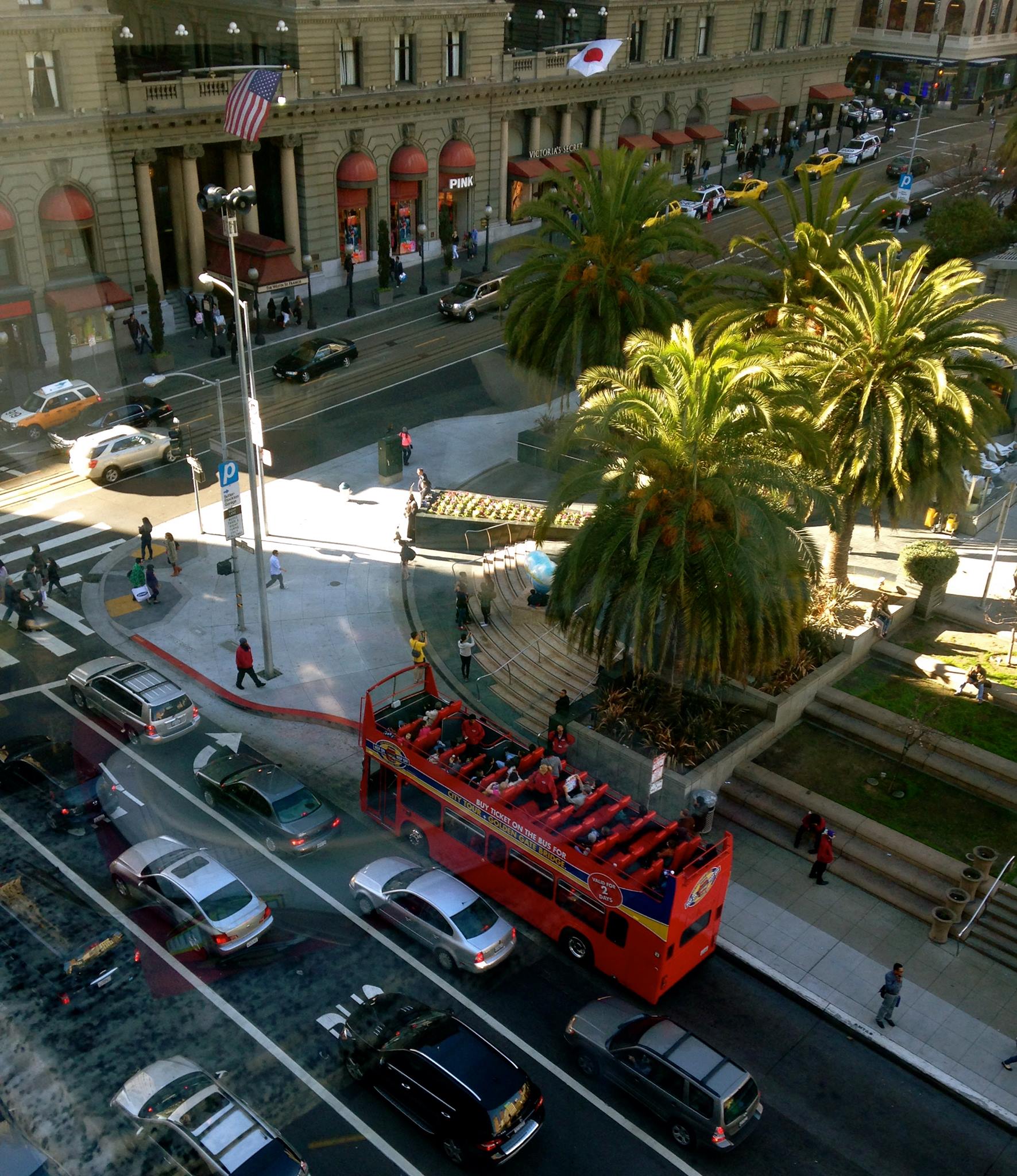 Birds eye view of San Francisco Deluxe Sightseeing's Natural Gas Tour Bus